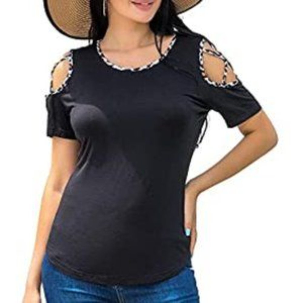 BK Animal Print Trim Cold Shoulder Tee